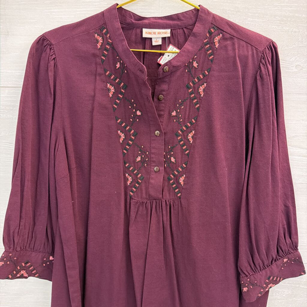 Knox Rose Burgundy Embroidered Long Sleeve Half Button Front Top Large