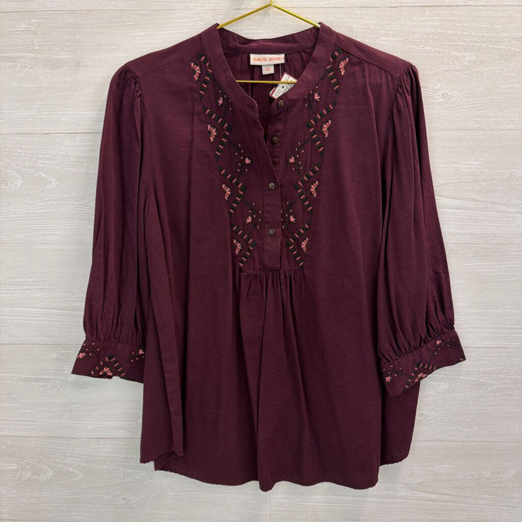 Knox Rose Burgundy Embroidered Long Sleeve Half Button Front Top Large