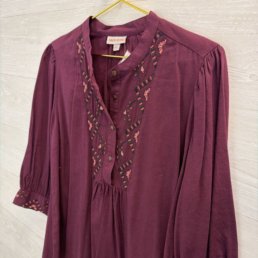 Knox Rose Burgundy Embroidered Long Sleeve Half Button Front Top Large
