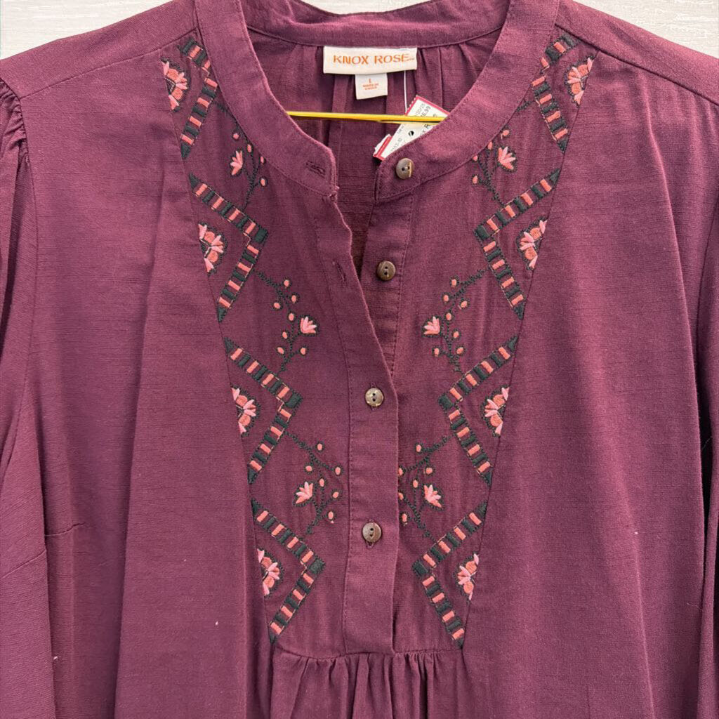 Knox Rose Burgundy Embroidered Long Sleeve Half Button Front Top Large