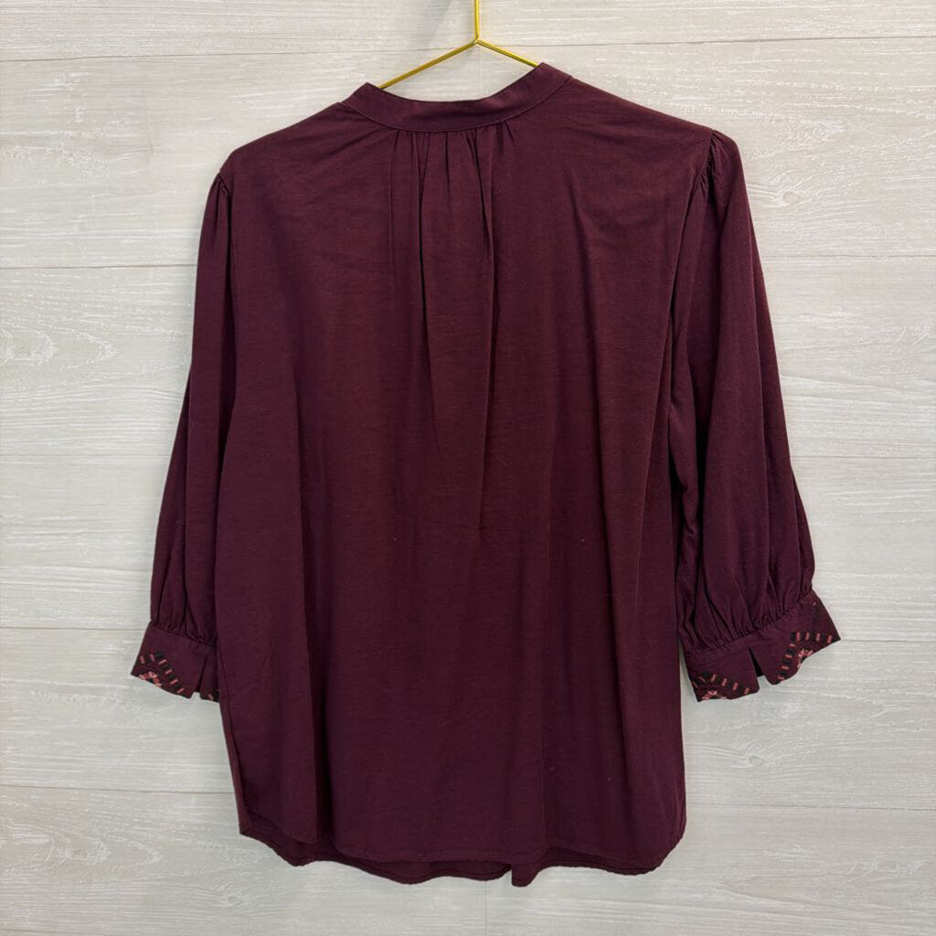 Knox Rose Burgundy Embroidered Long Sleeve Half Button Front Top Large