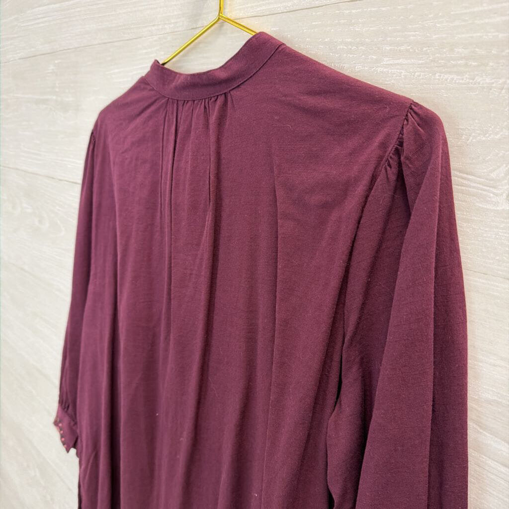 Knox Rose Burgundy Embroidered Long Sleeve Half Button Front Top Large