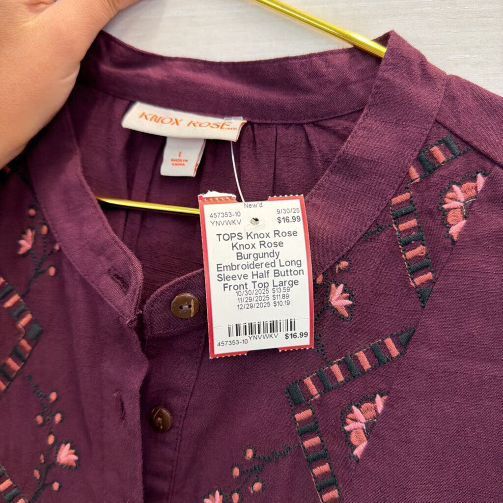 Knox Rose Burgundy Embroidered Long Sleeve Half Button Front Top Large