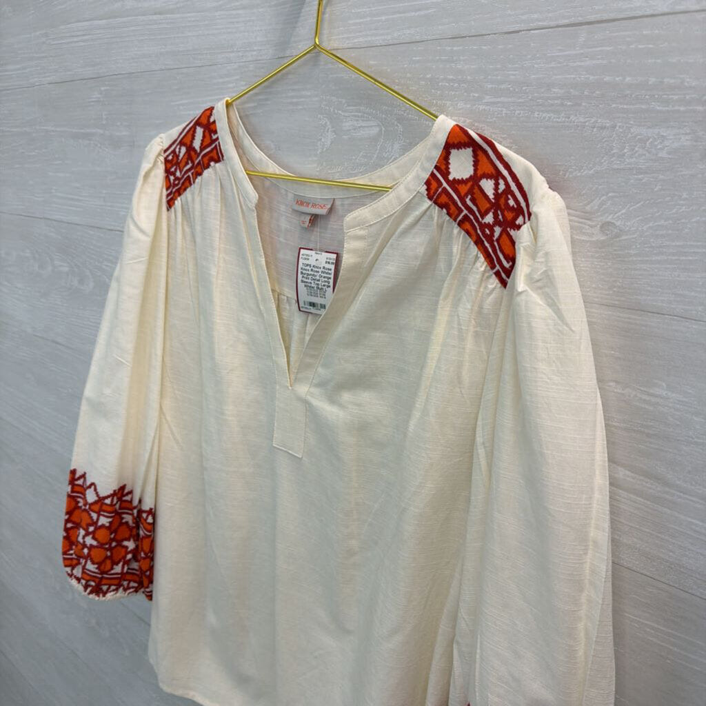 Knox Rose White/ Burgundy/ Orange Print Detail Long Sleeve Top Large