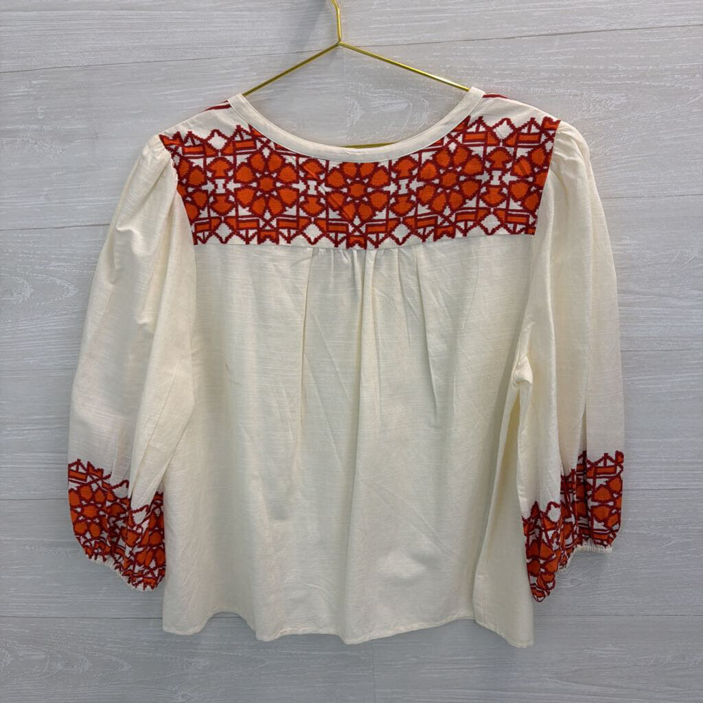 Knox Rose White/ Burgundy/ Orange Print Detail Long Sleeve Top Large
