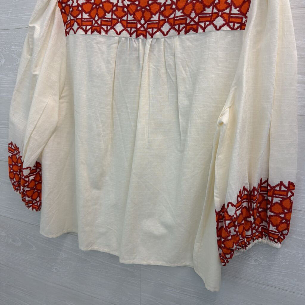 Knox Rose White/ Burgundy/ Orange Print Detail Long Sleeve Top Large