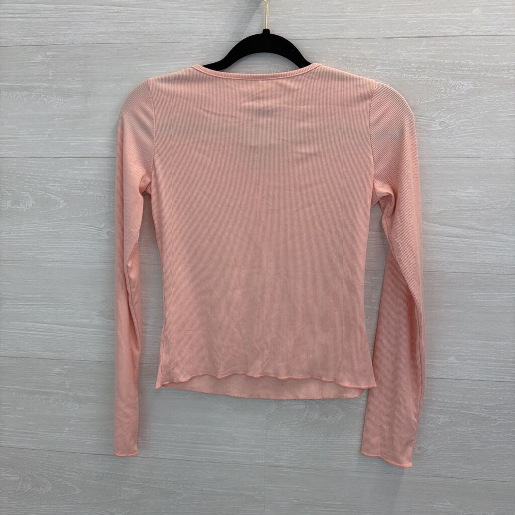 Pink Ribbed Long Sleeve Henley Top Small