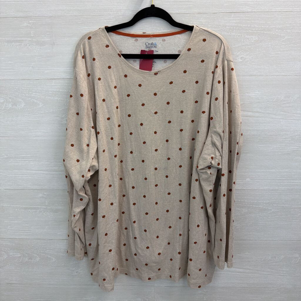 Croft and Barrow Beige/ Orange Pumpkin Print Long Sleeve Top 5X