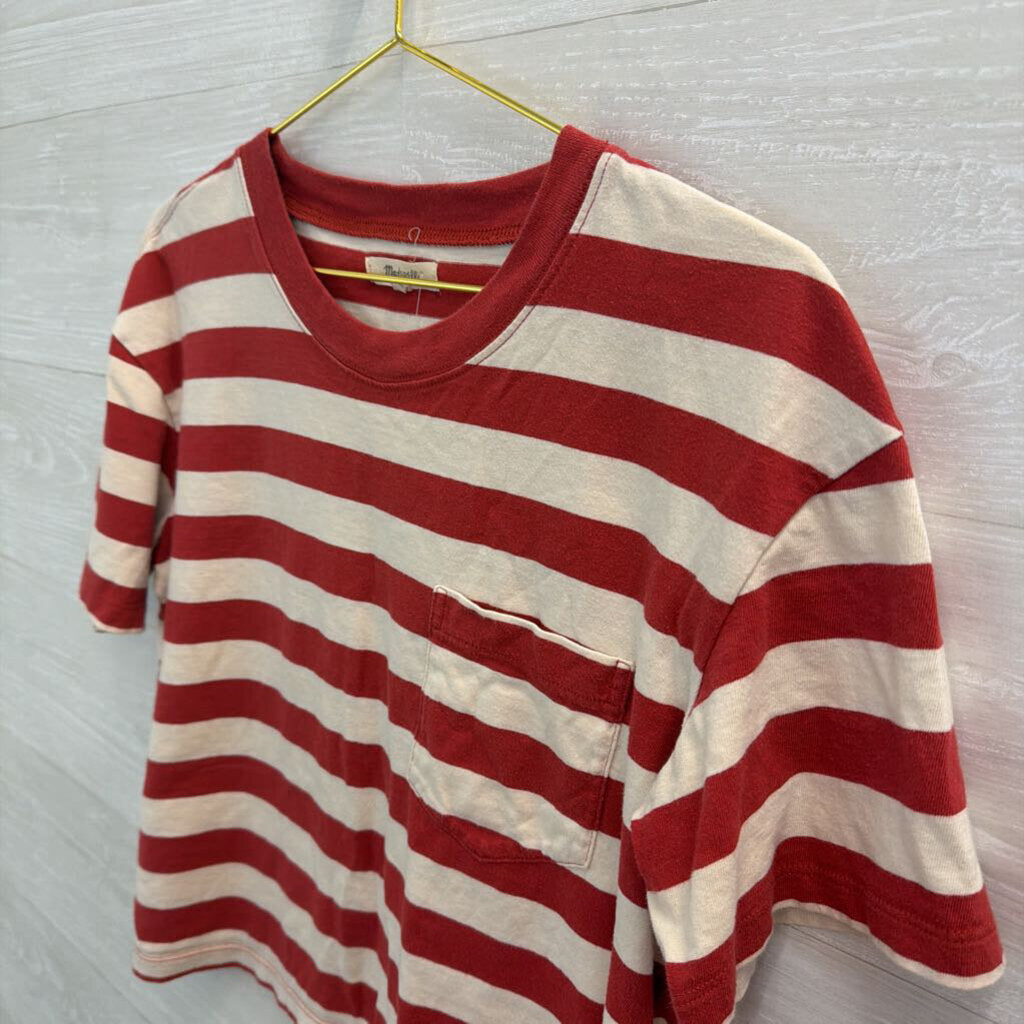 Madewell Red/ White Striped Cropped Short Sleeve Top Medium