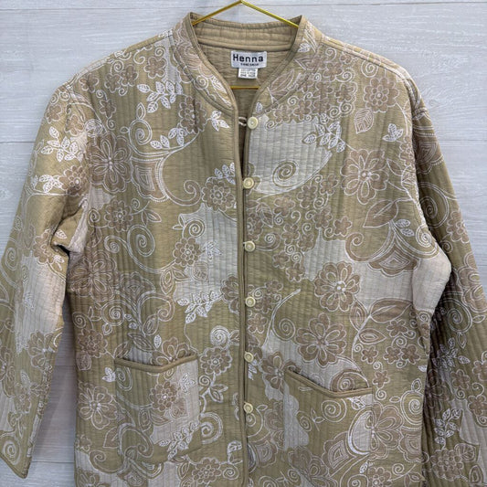 Henna Beige/ White Flower Print Quilted Button Front Jacket One Size