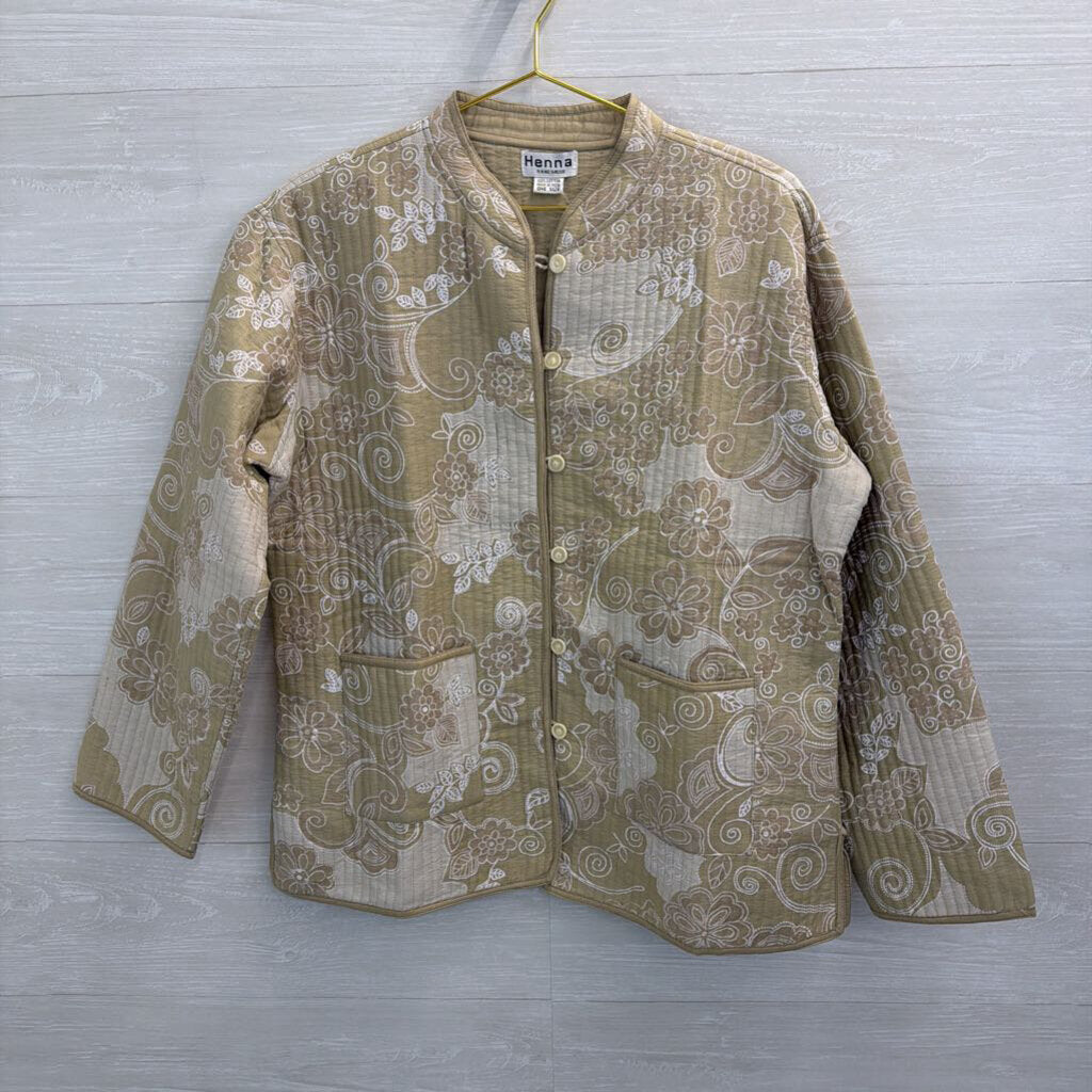 Henna Beige/ White Flower Print Quilted Button Front Jacket One Size
