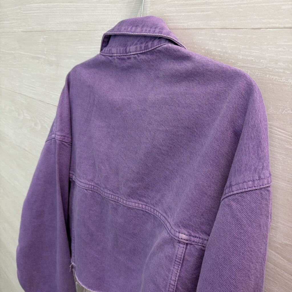 Bershka Purple Denim Cropped Raw Hem Jacket Medium