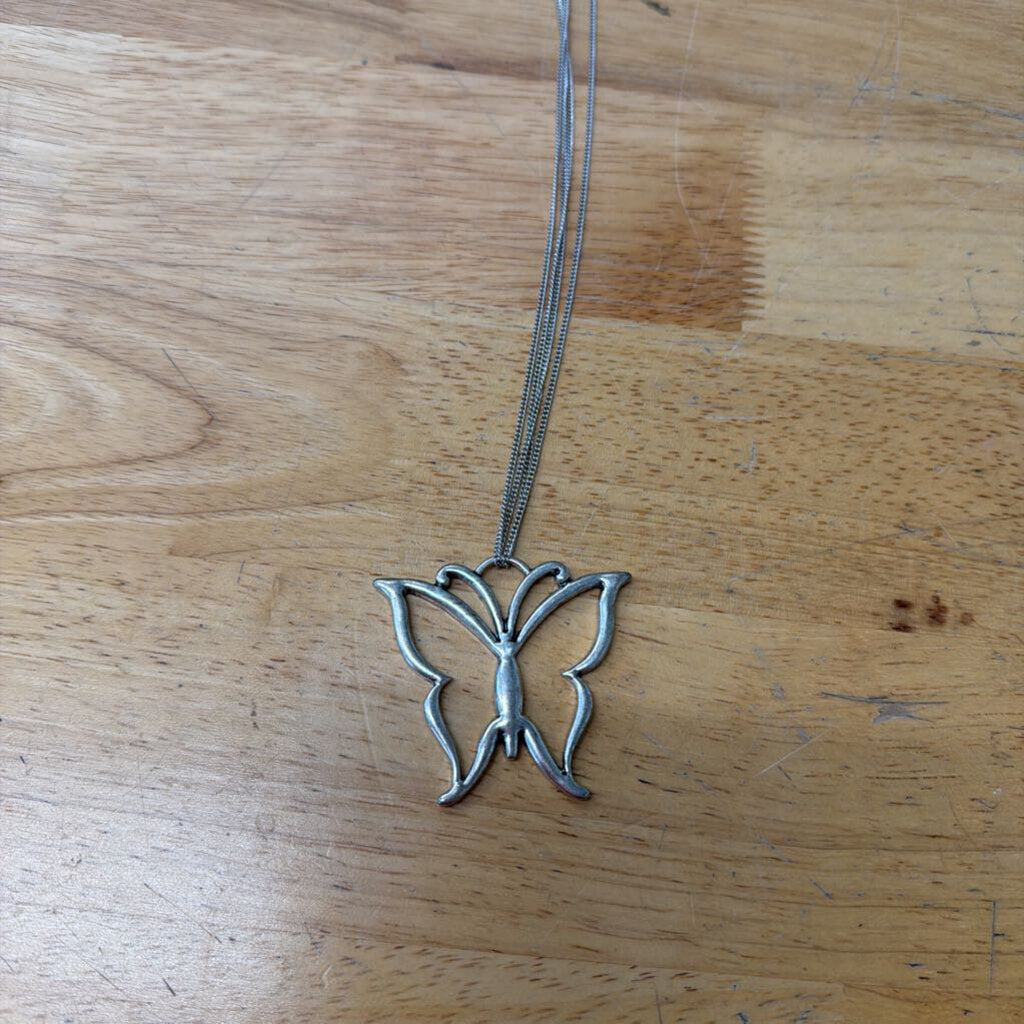 Silver Butterfly Long Pendant Necklace