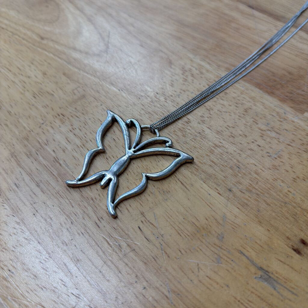 Silver Butterfly Long Pendant Necklace