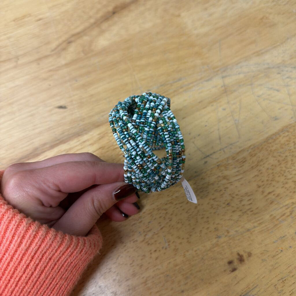 Blue/ White Beaded Layered Cuff Bracelet