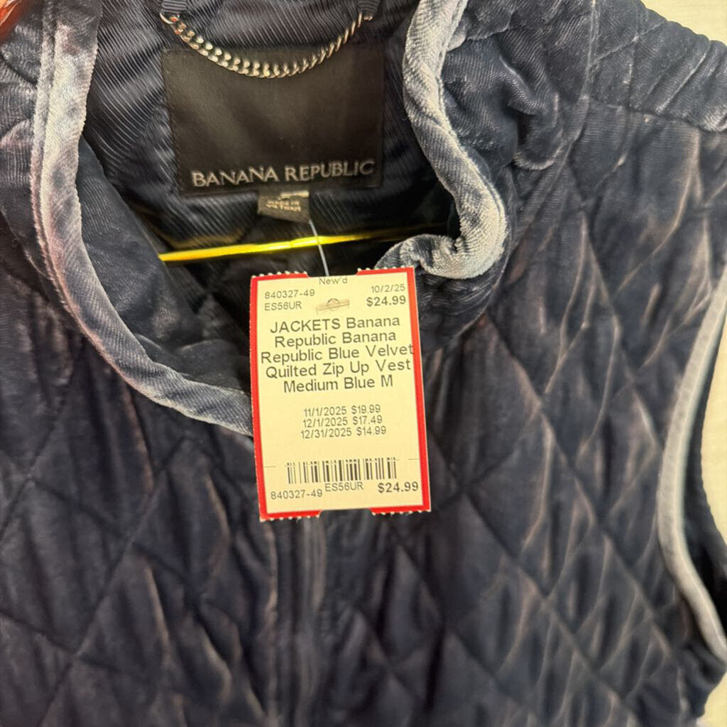 Banana Republic Blue Velvet Quilted Zip Up Vest Medium