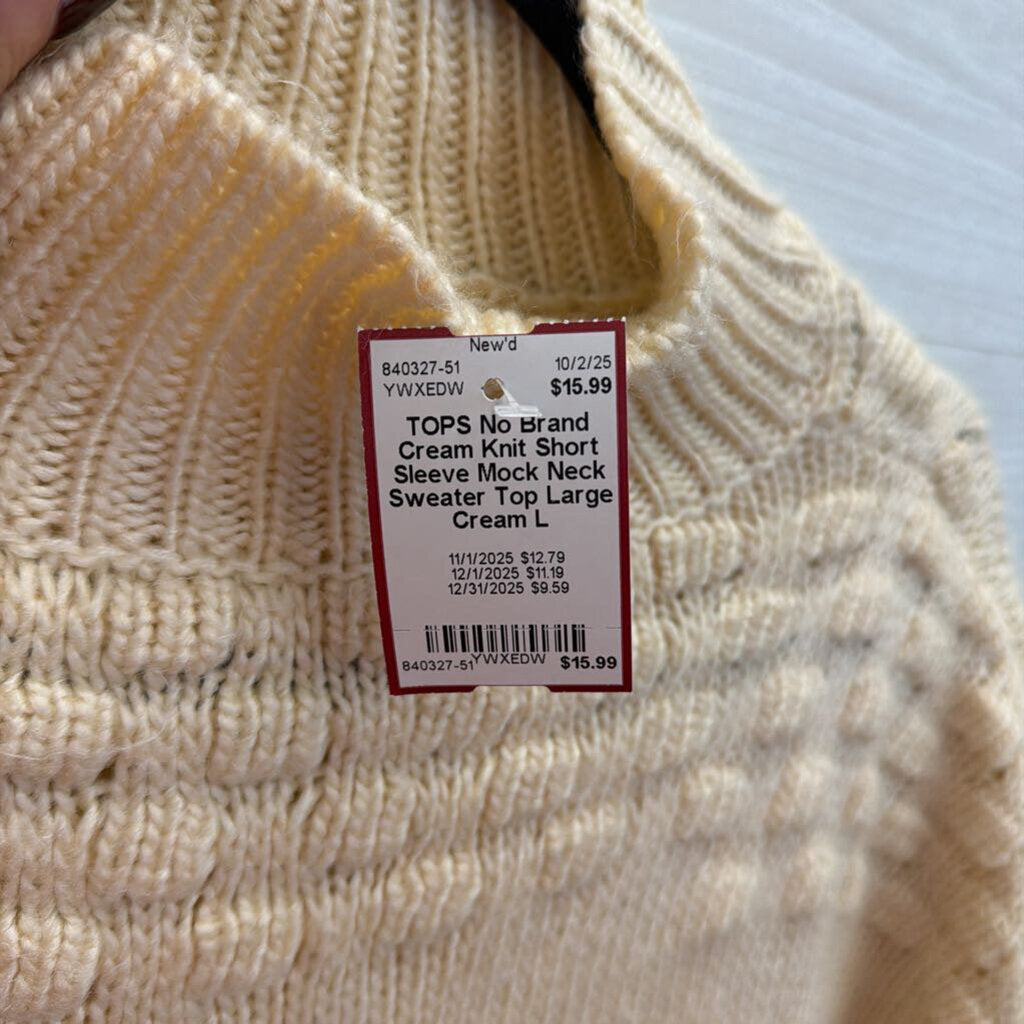 Cream Knit Short Sleeve Mock Neck Sweater Top Large