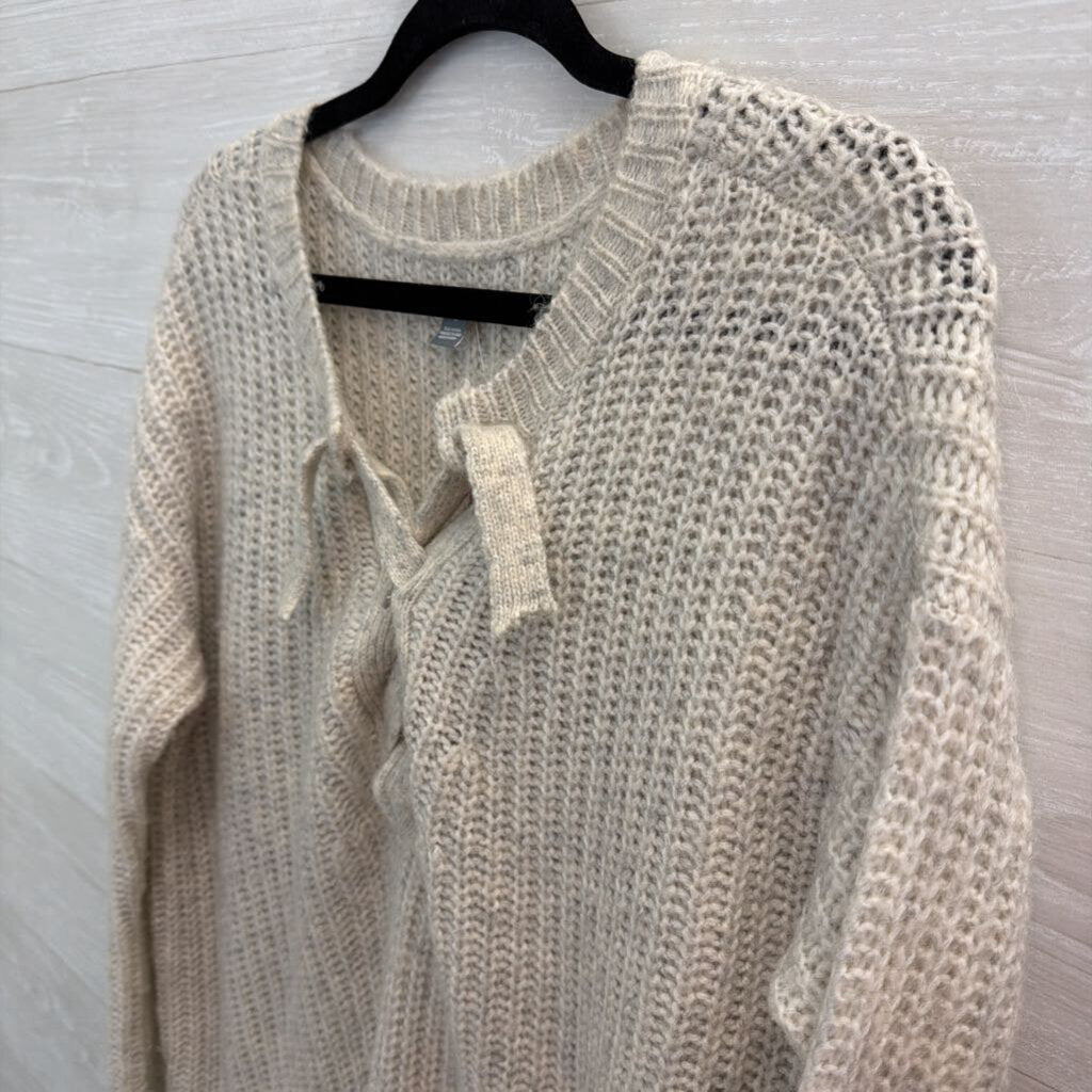 Aerie Grey Knit Lace Up Neck Long Sleeve Sweater Top Medium