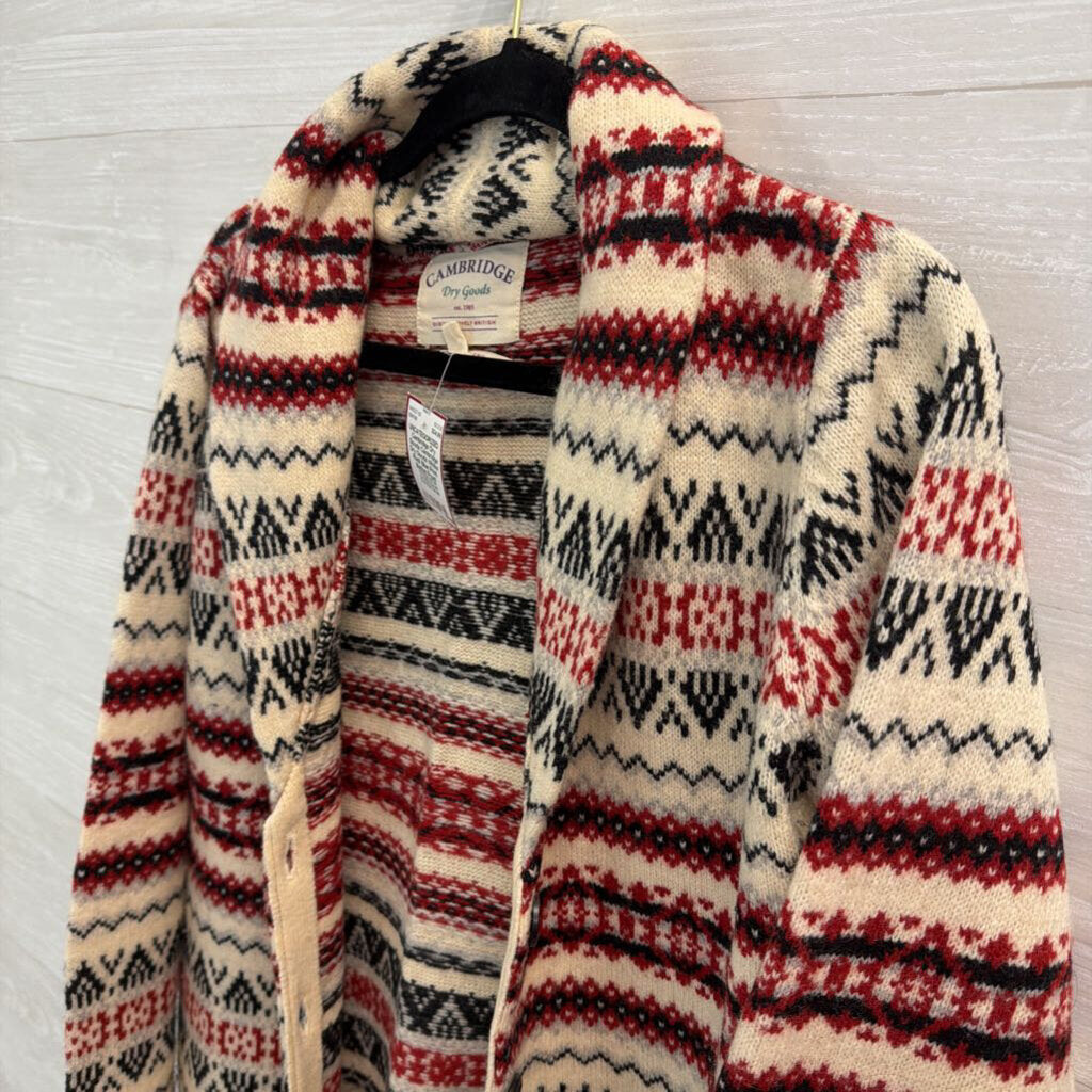 Cambridge Dry Goods White/ Red/ Blue Print Button Front Sweater Large