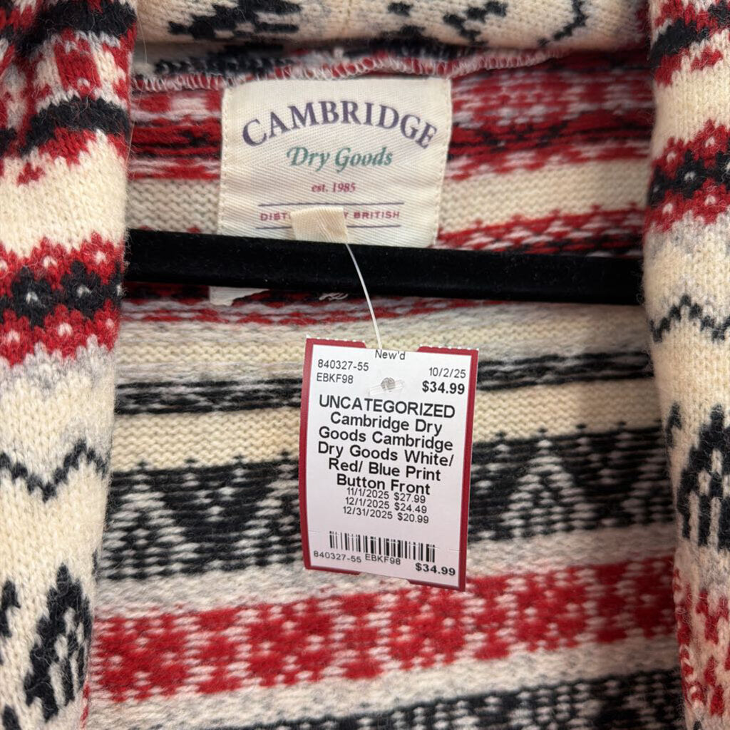 Cambridge Dry Goods White/ Red/ Blue Print Button Front Sweater Large
