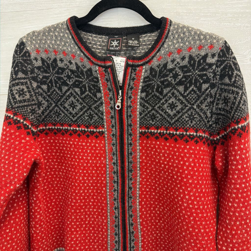 Vintage SKYR Red/ Grey Nordic Print 100% Wool Zip Front Sweater Medium