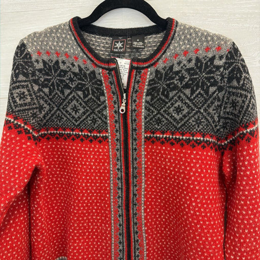 Vintage SKYR Red/ Grey Nordic Print 100% Wool Zip Front Sweater Medium