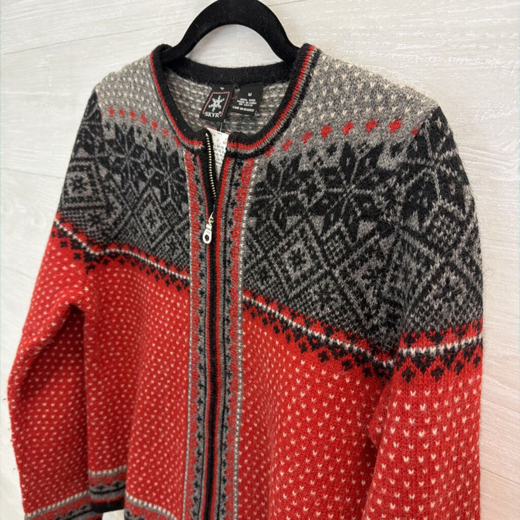 Vintage SKYR Red/ Grey Nordic Print 100% Wool Zip Front Sweater Medium