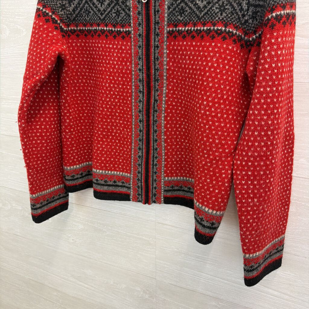 Vintage SKYR Red/ Grey Nordic Print 100% Wool Zip Front Sweater Medium