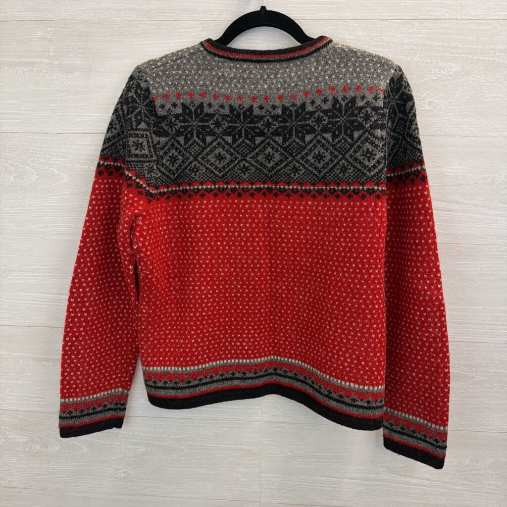 Vintage SKYR Red/ Grey Nordic Print 100% Wool Zip Front Sweater Medium