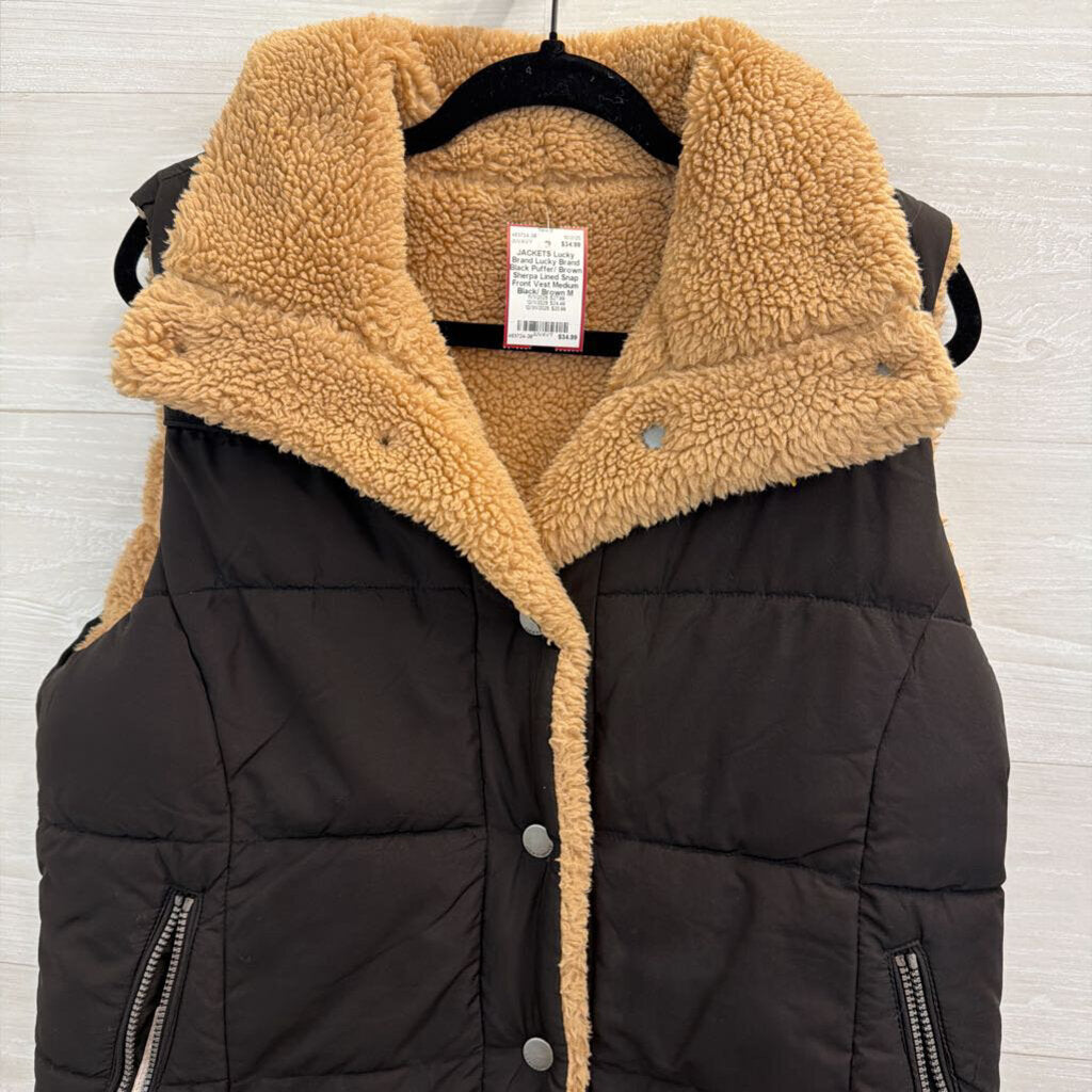 Lucky Brand Black Puffer/ Brown Sherpa Lined Snap Front Vest Medium