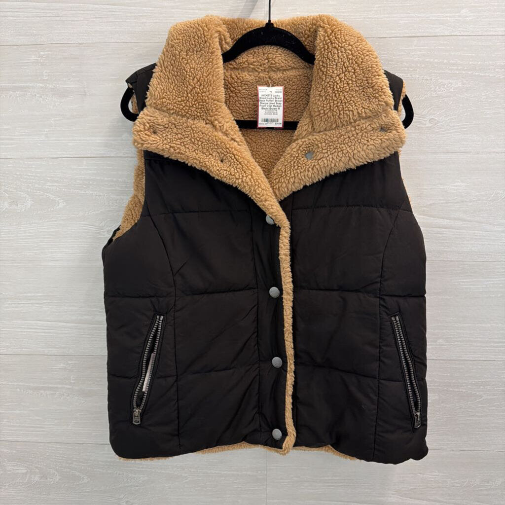 Lucky Brand Black Puffer/ Brown Sherpa Lined Snap Front Vest Medium