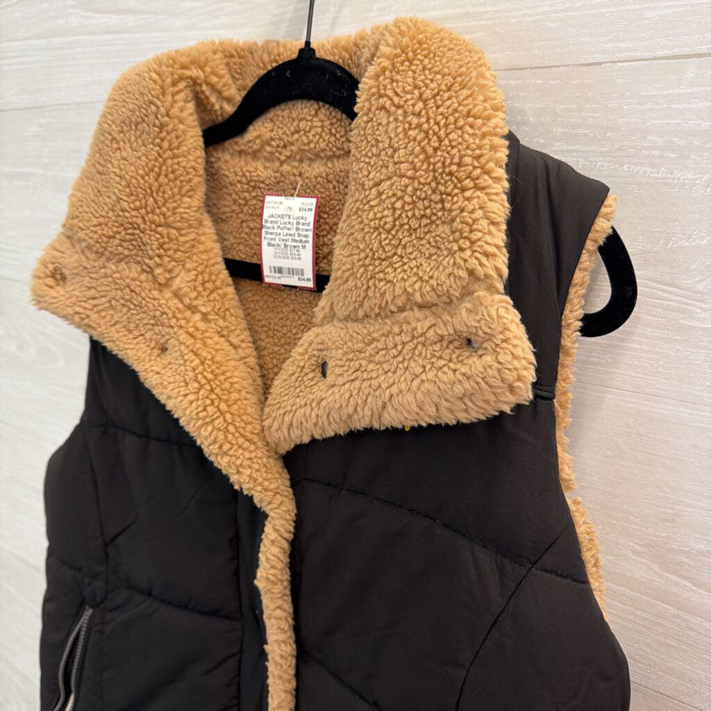 Lucky Brand Black Puffer/ Brown Sherpa Lined Snap Front Vest Medium