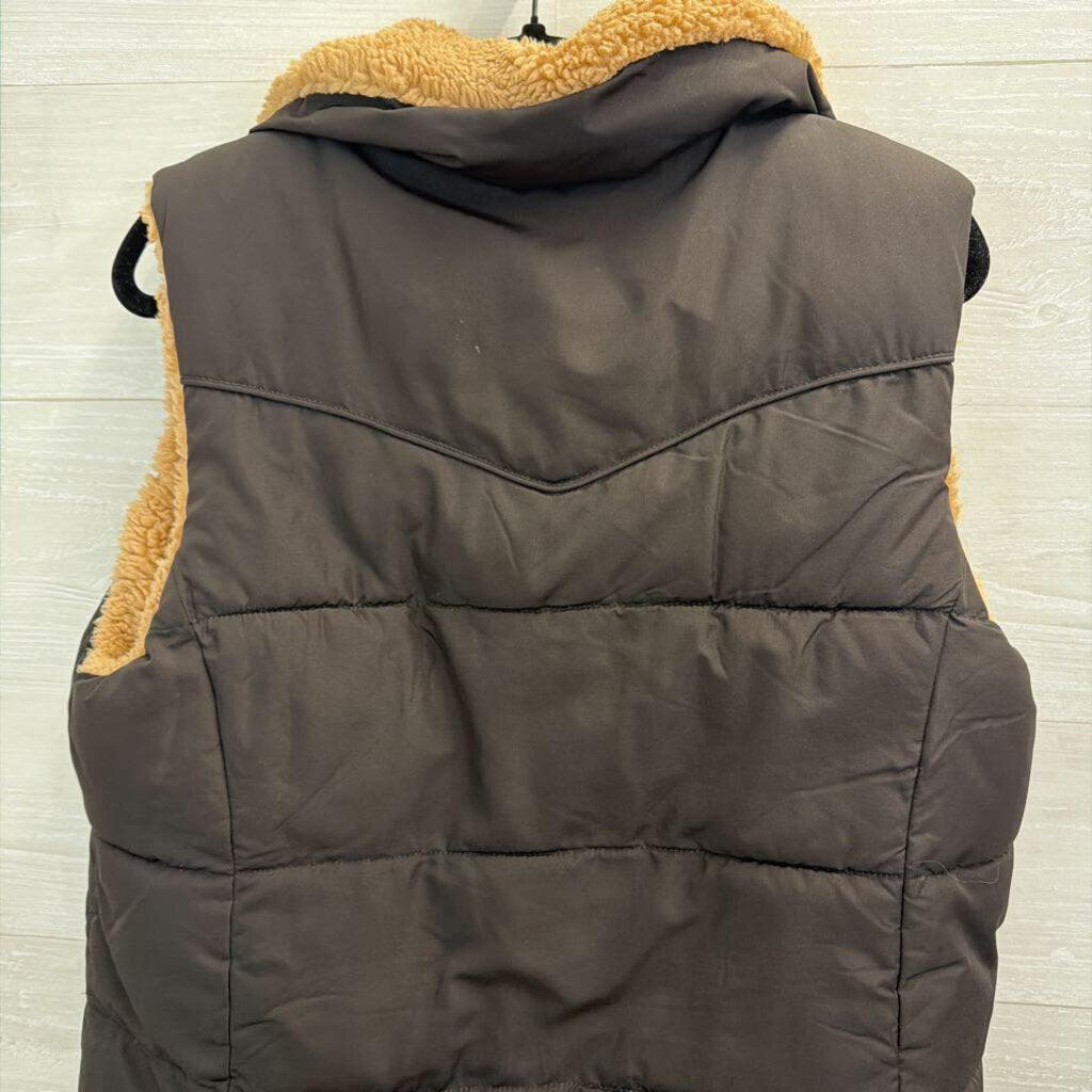 Lucky Brand Black Puffer/ Brown Sherpa Lined Snap Front Vest Medium