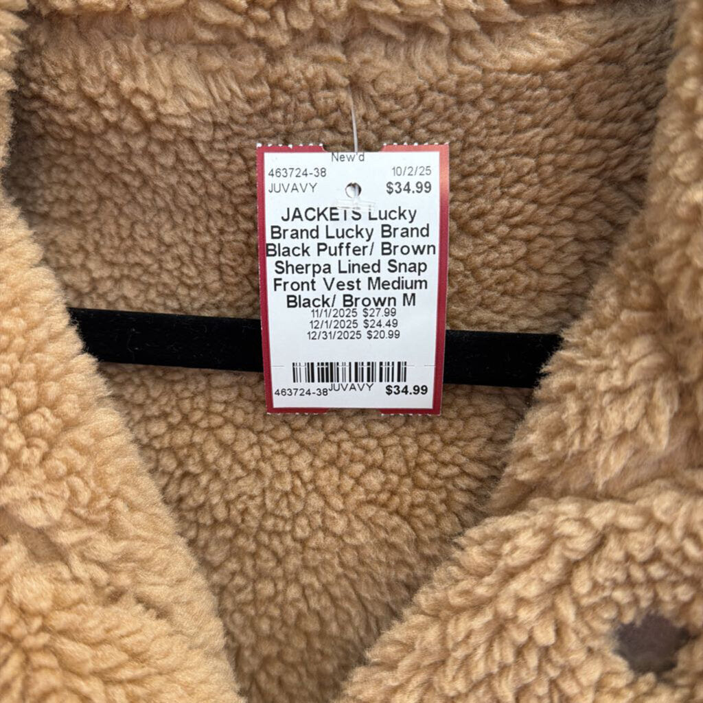Lucky Brand Black Puffer/ Brown Sherpa Lined Snap Front Vest Medium