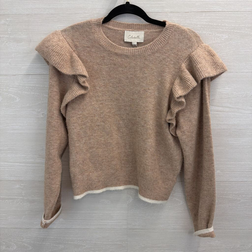 Cleobella Brown Soft Knit Ruffle Shoulder Long Sleeve Sweater Top Extra Small