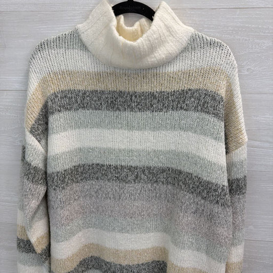 Eddie Bauer White/ Blue Striped Knit Mock Neck Sweater Medium