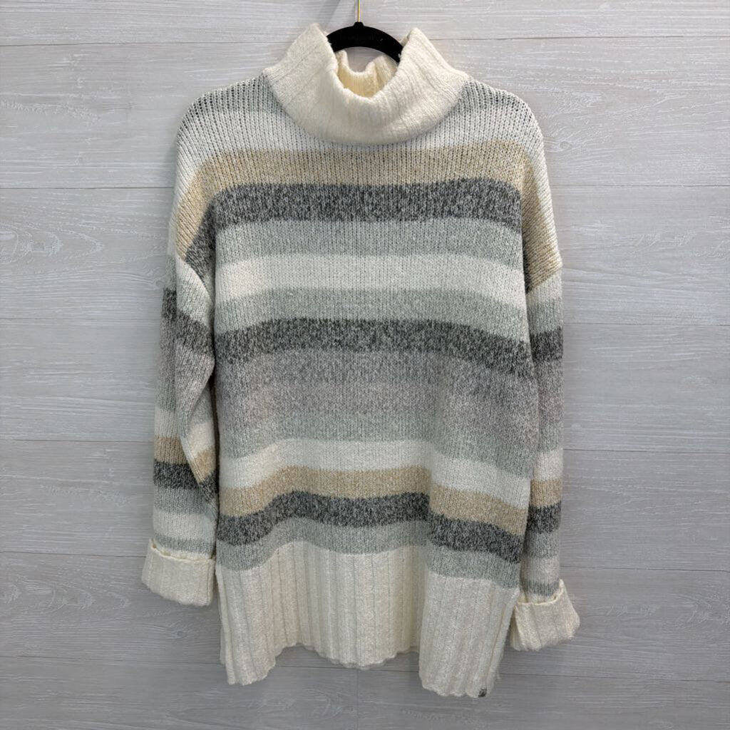 Eddie Bauer White/ Blue Striped Knit Mock Neck Sweater Medium