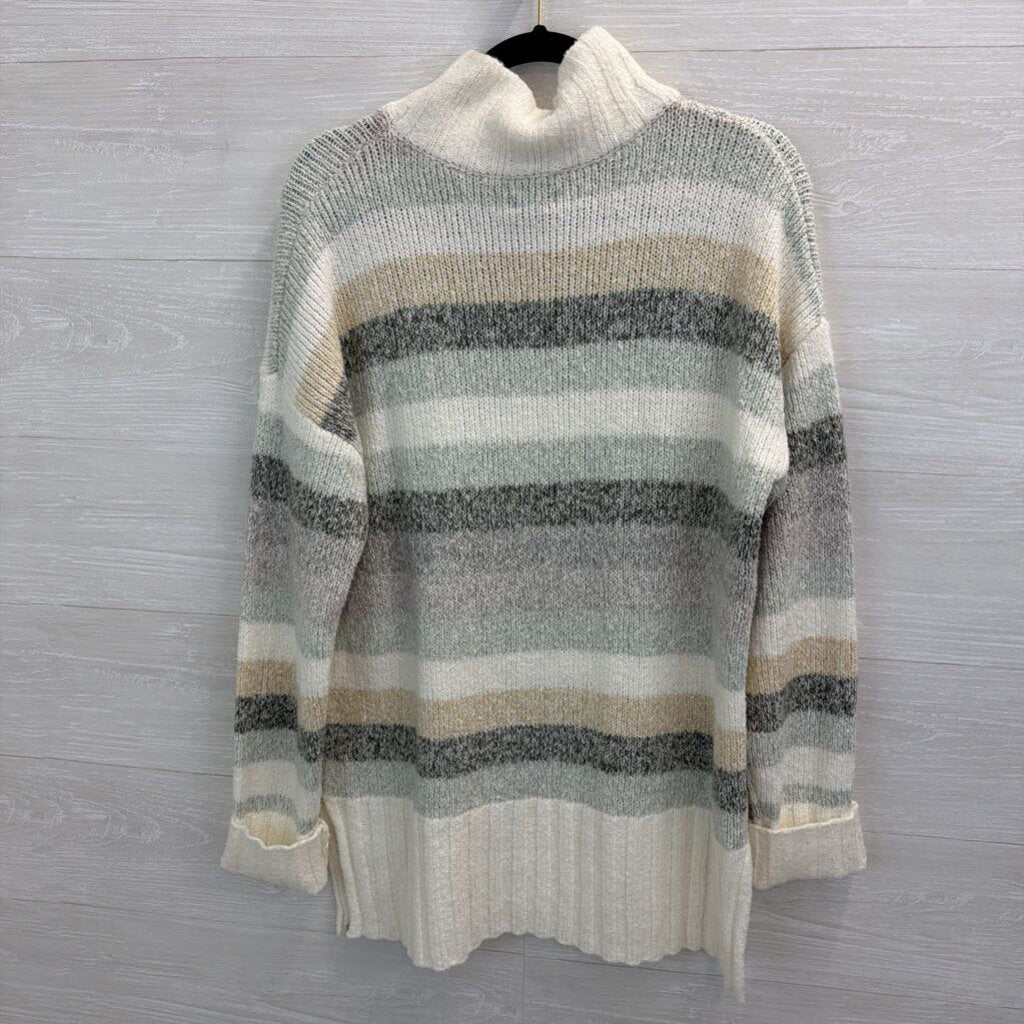 Eddie Bauer White/ Blue Striped Knit Mock Neck Sweater Medium