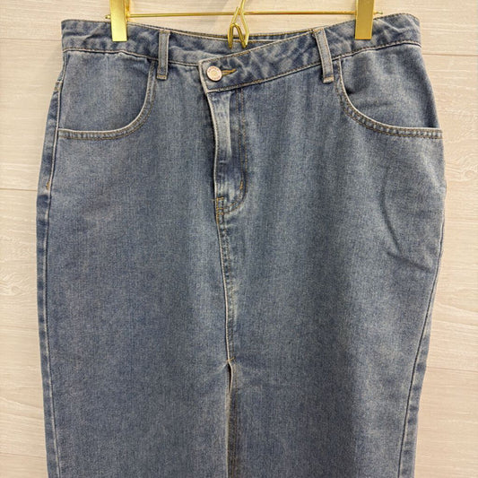Happily Grey Medium Wash Denim Front Slit Maxi Skirt 11