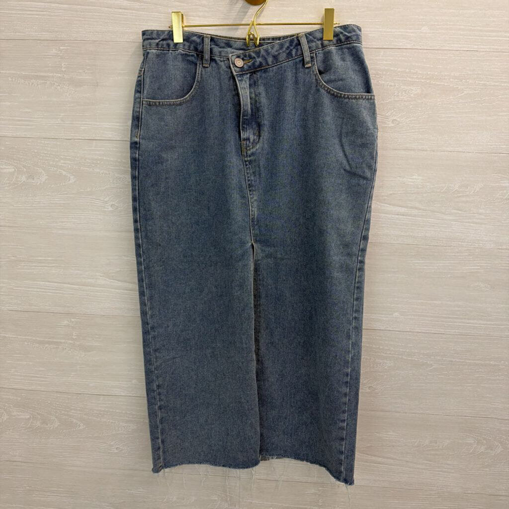 Happily Grey Medium Wash Denim Front Slit Maxi Skirt 11
