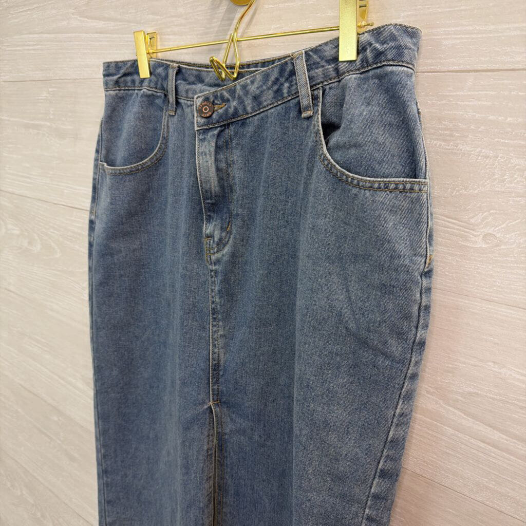Happily Grey Medium Wash Denim Front Slit Maxi Skirt 11