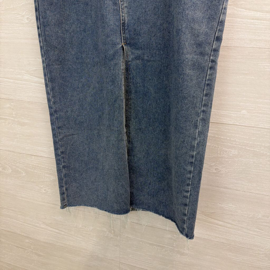 Happily Grey Medium Wash Denim Front Slit Maxi Skirt 11