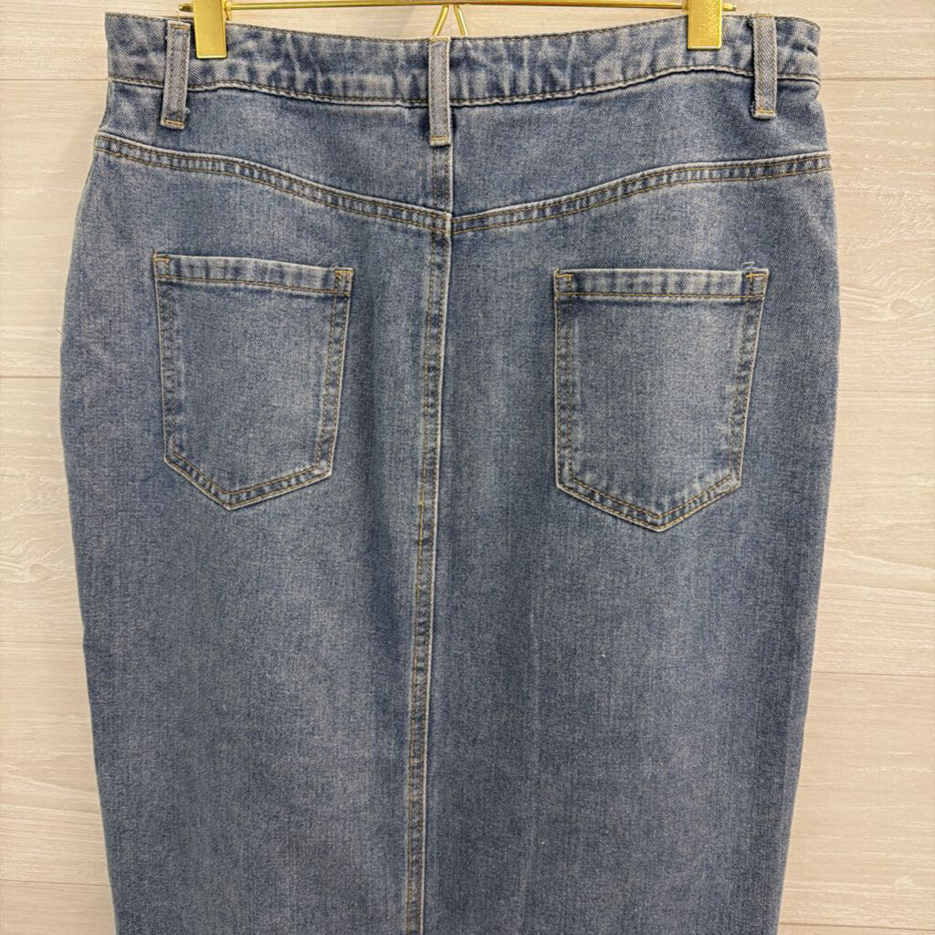 Happily Grey Medium Wash Denim Front Slit Maxi Skirt 11