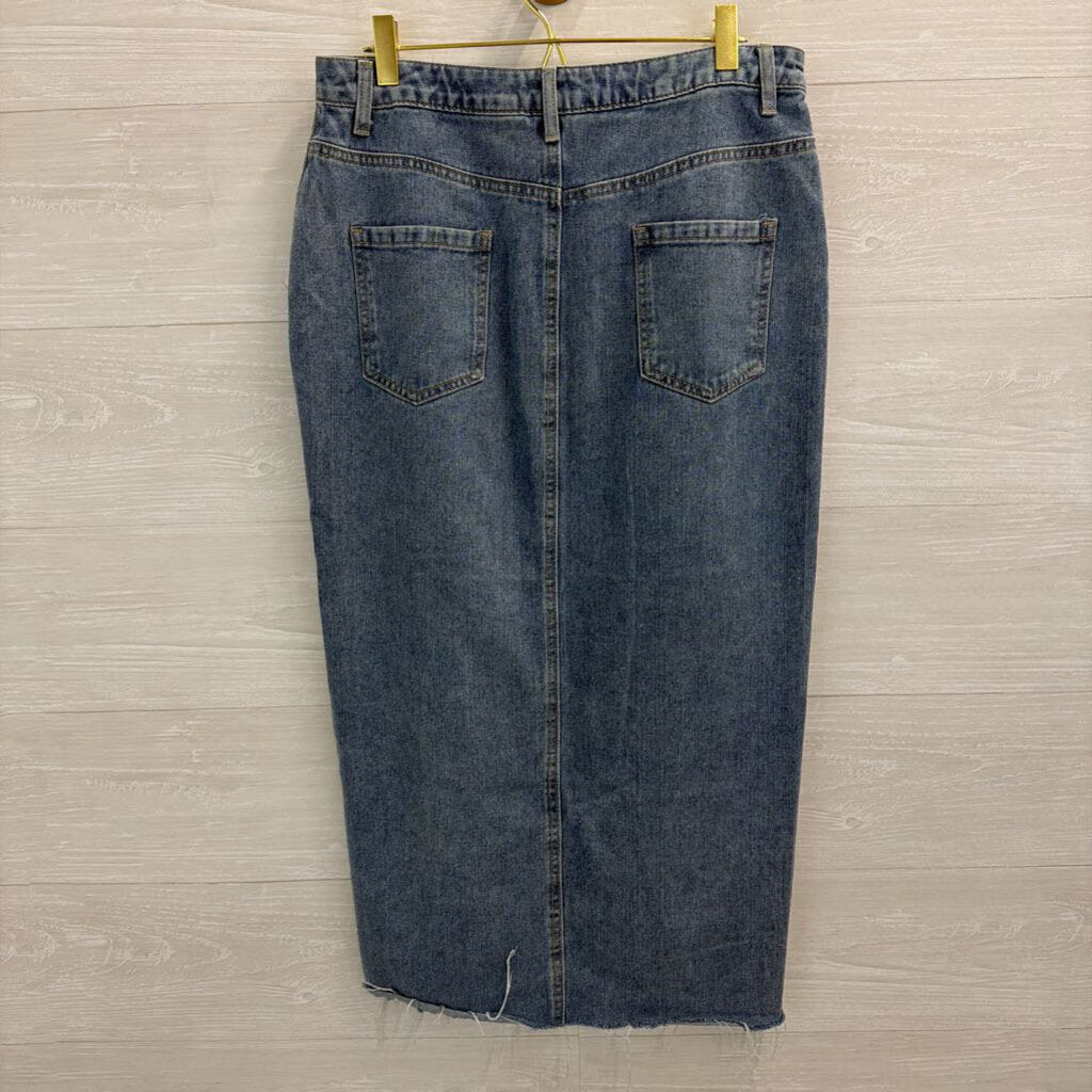Happily Grey Medium Wash Denim Front Slit Maxi Skirt 11