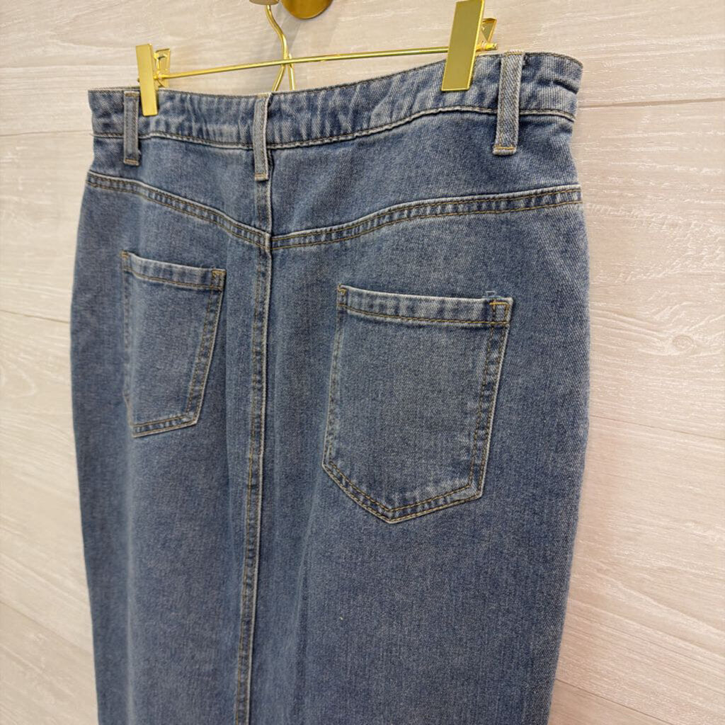 Happily Grey Medium Wash Denim Front Slit Maxi Skirt 11