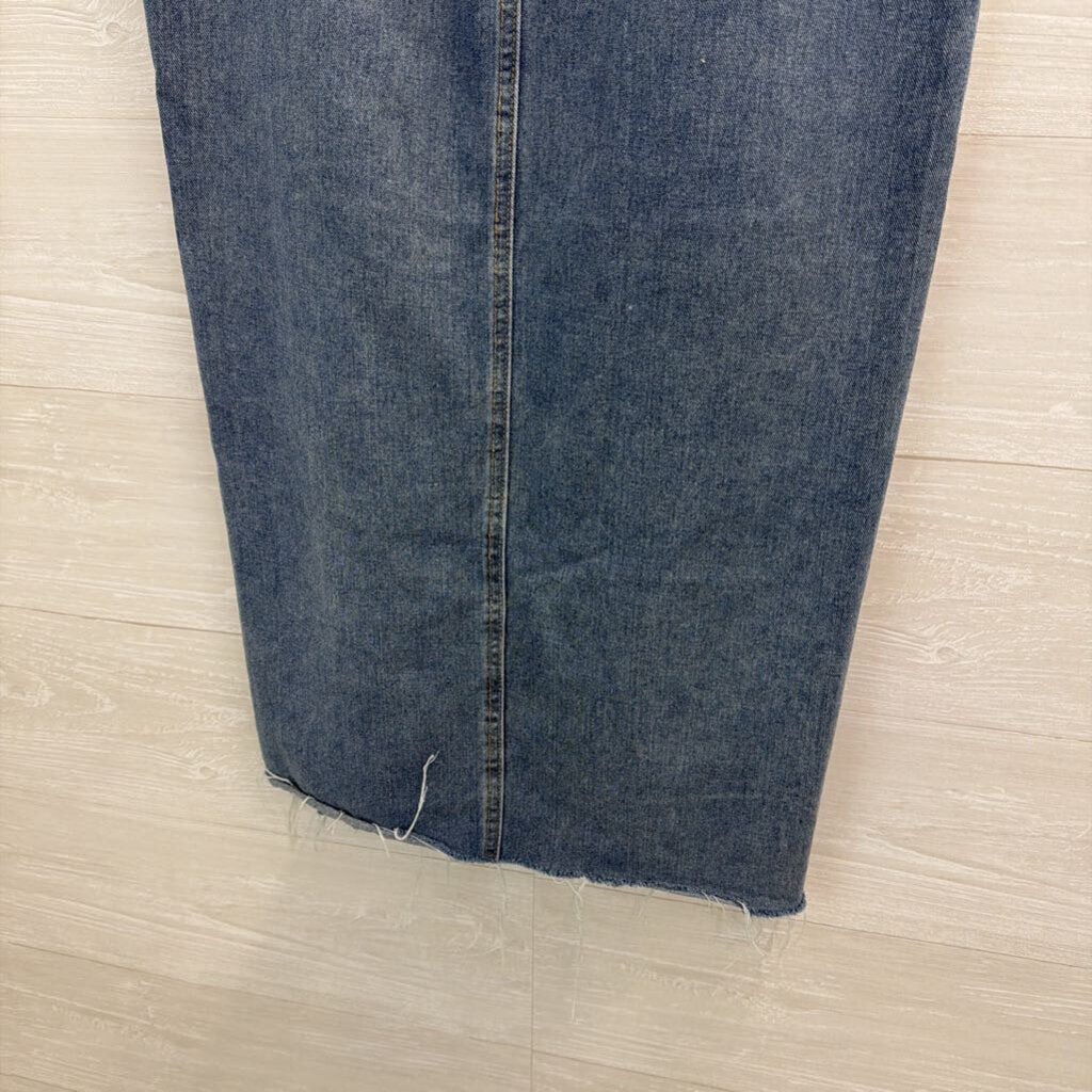Happily Grey Medium Wash Denim Front Slit Maxi Skirt 11