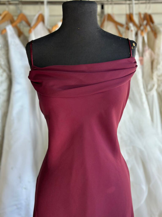 Dave and Johnny Burgundy Draped Long Formal Dress 14