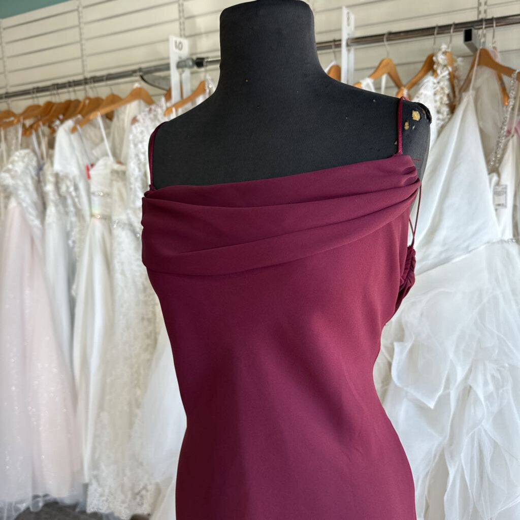 Dave and Johnny Burgundy Draped Long Formal Dress 14