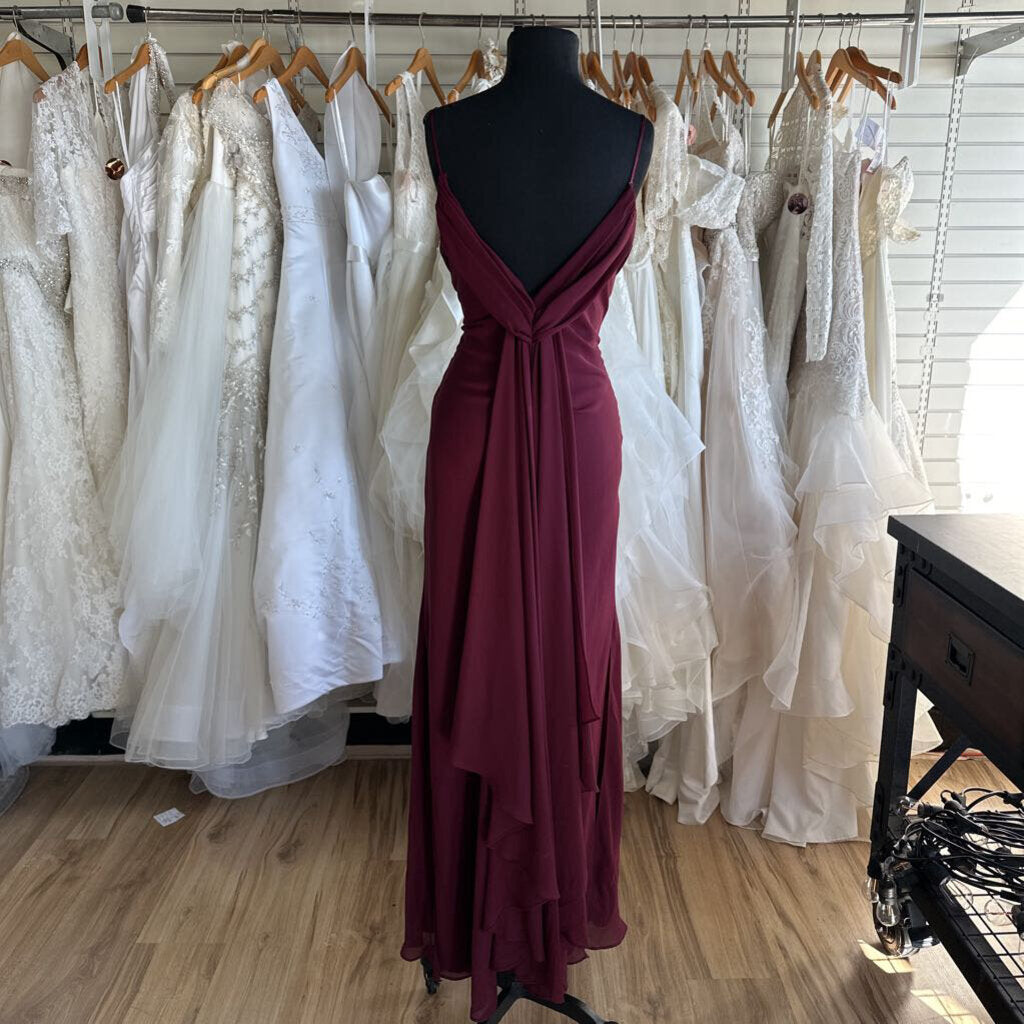Dave and Johnny Burgundy Draped Long Formal Dress 14
