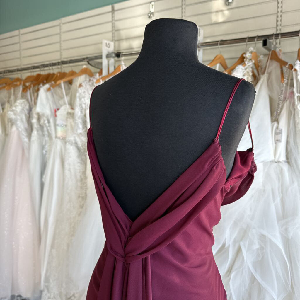 Dave and Johnny Burgundy Draped Long Formal Dress 14